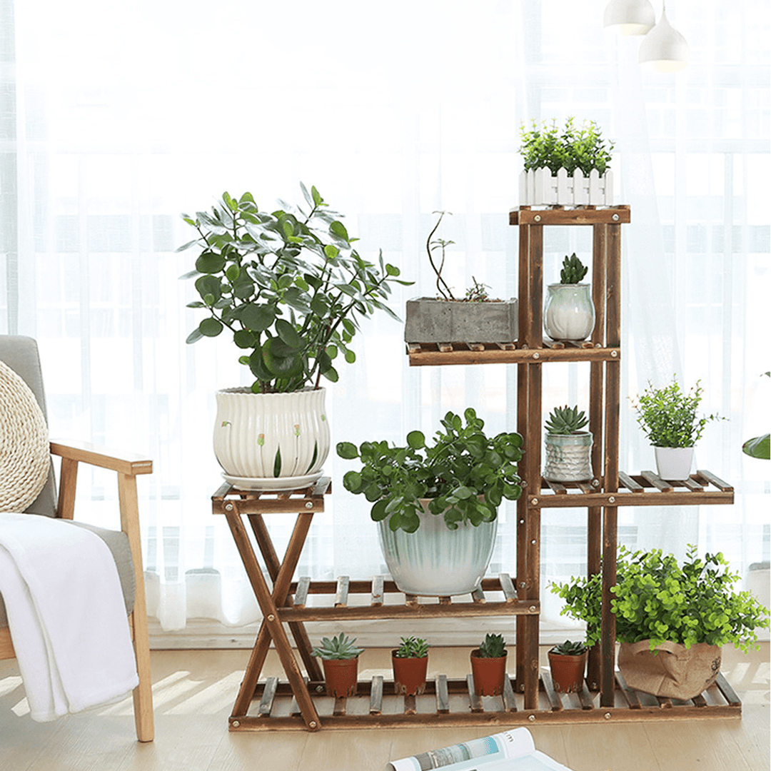 Wooden Plant Flower Pot Stand Shelf Indoor Outdoor Garden Planter with Wheels - MRSLM