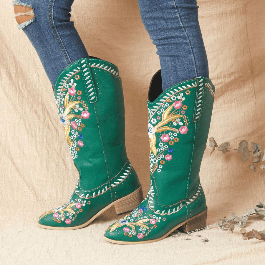 Women Leather Retro Floral Printing Wearable Comfy Slip on Chunky Heel Mid-Calf Cowboy Boots - MRSLM