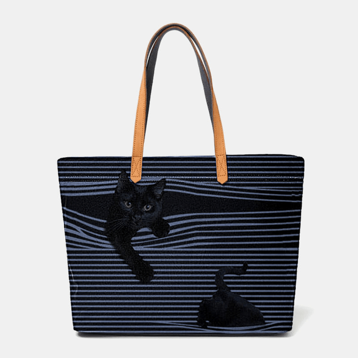 Women Canvas Large Capacity Stripe Three-Dimensional Cartoon Cute Cat Handbag Shoulder Bag Tote - MRSLM