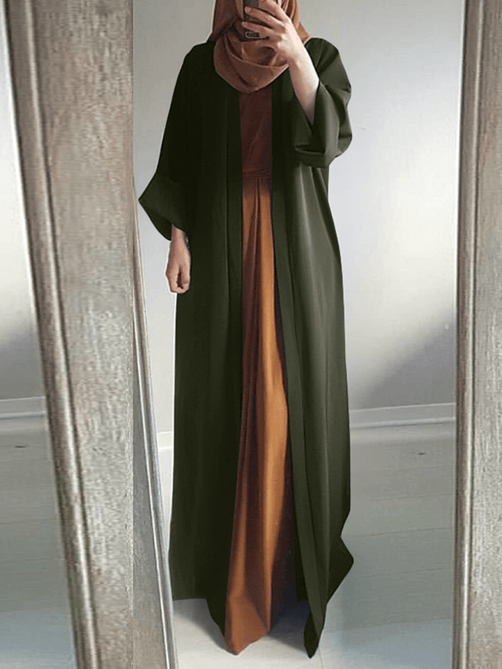Women Vintage Solid Color Loose Casual Cardigan Abaya Kaftan Long Sleeve Robe - MRSLM