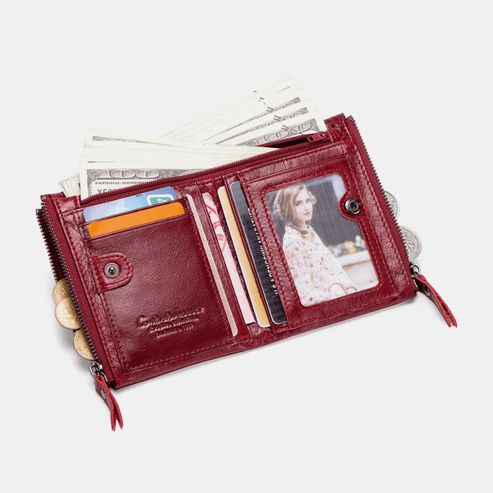 Genuine Leather Multifunction Multi-Slot Double Zipper Casual Brief Solid Color Card Holder Wallet - MRSLM