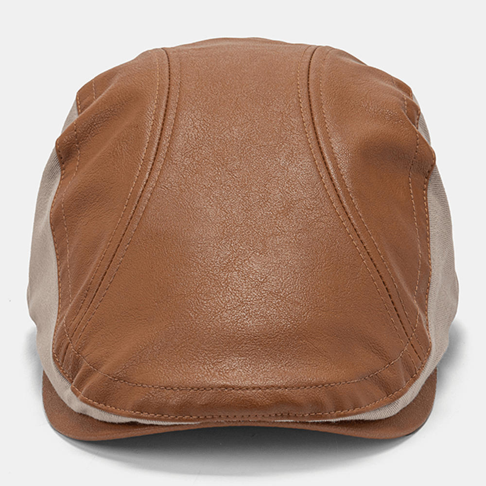 Men Leather Stitching Solid Color Beret Cap Adjustable Outdoor Sunshade Flat Cap Ivy Cap - MRSLM