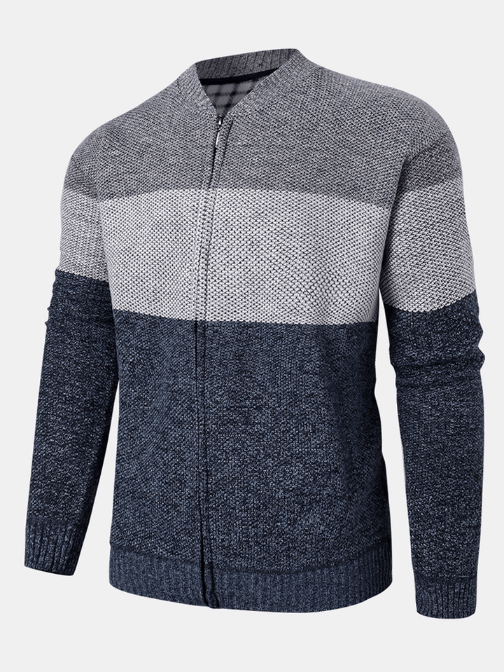 Mens Colorblock Knitted Zipper Baseball Collar Sweater Cardigans - MRSLM
