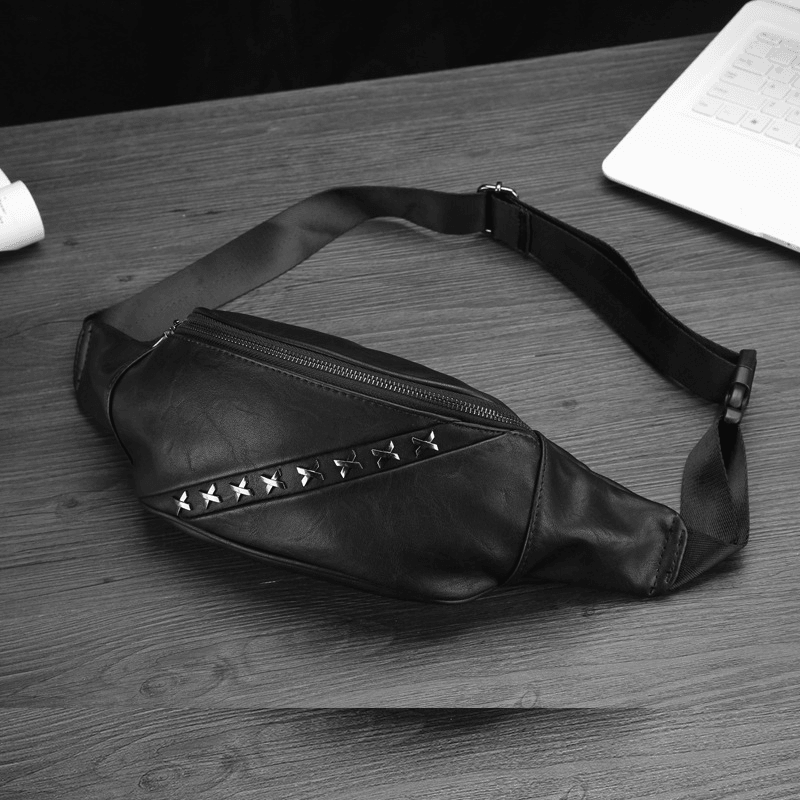 Men PU Leather Multifunction Anti-Theft Pocket Waist Bag All-Match Rivet Decorate Waterproof Chest Bag Crossbody Bag - MRSLM