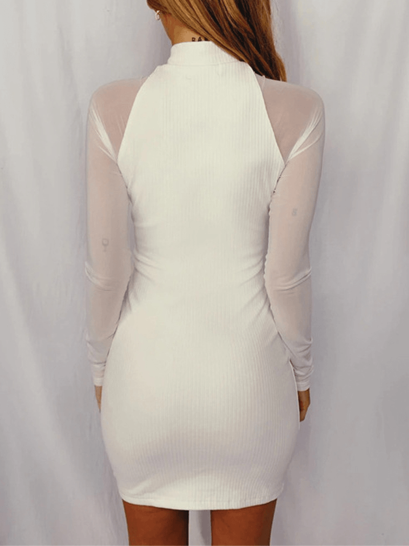 Women Stand Collar Front Zipper Mesh Long Sleeve Slim Wrap Dress - MRSLM