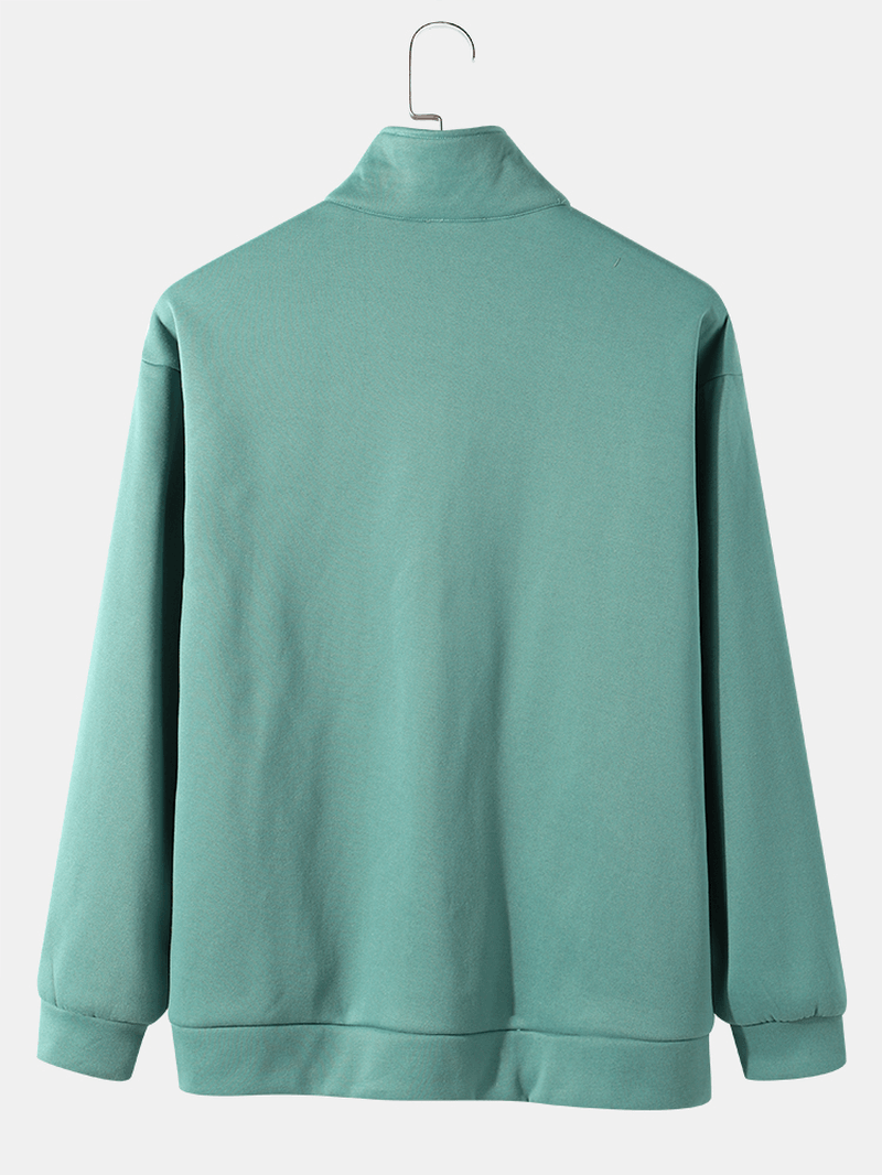 Men High Collar 1/3 Zip Pure Solid Color Pockets Pullover Sweatshirt - MRSLM
