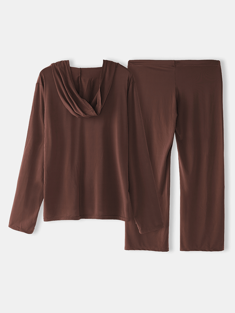Mens Solid Color Hooded Long Sleeve Drawstring Home Pajama Set - MRSLM