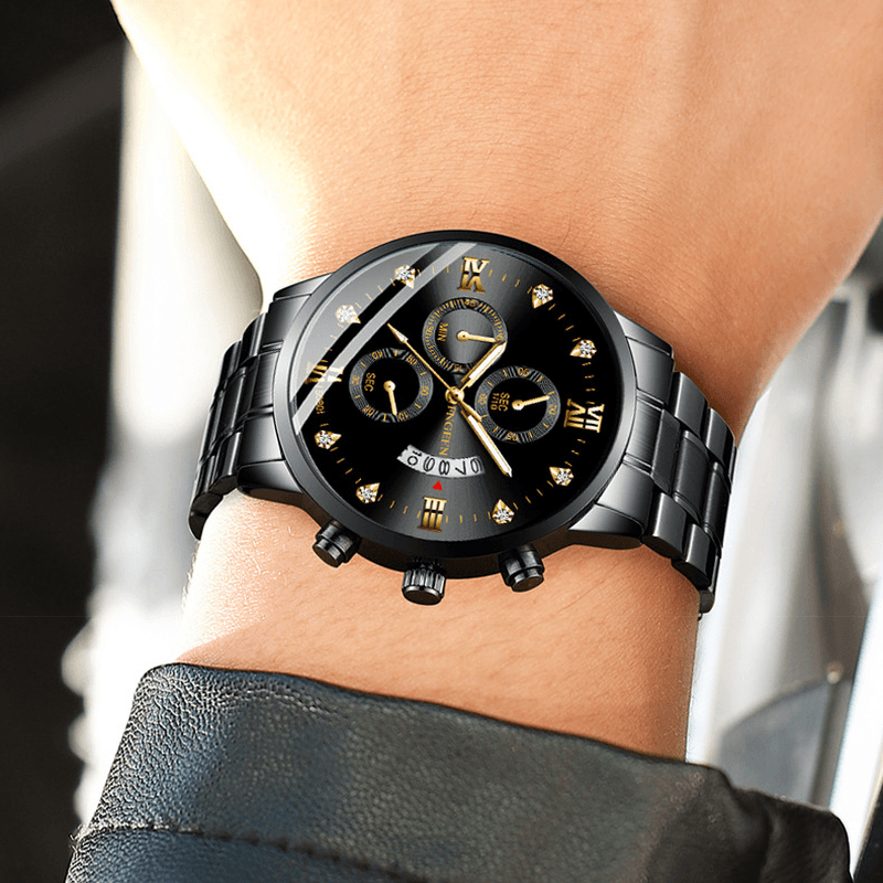 FNGEEN 5080 Fashion Business Diamond Dial Luminous Pointer with Calendar Date Display Steel Strap Waterproof Men Quartz Watch - MRSLM