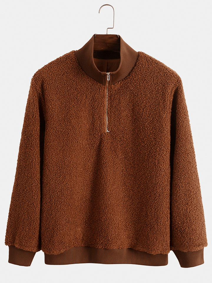 Men Teddy Fleece High Neck Solid Color Half Zip Pullover Casual Sweatshirt - MRSLM