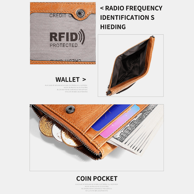 Men Genuine Leather RFID Antimagnetic Double Zipper Wallet 15 Card Slots Holder - MRSLM