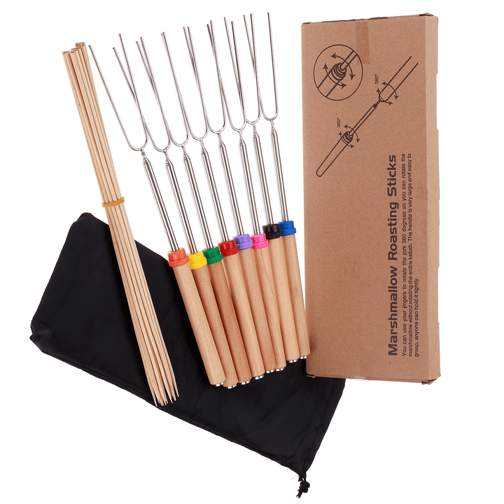 8PCS Roasting Sticks Telescoping 12"-32" Smore Sticks Skewers Set with Wooden Handle for BBQ Hot Dog Fork Fire Pit Camping Cookware - MRSLM