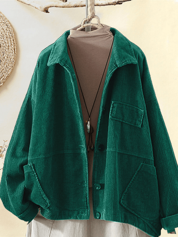 Corduroy Turn-Down Collar Long Sleeve Vintage Casual Coats for Women - MRSLM