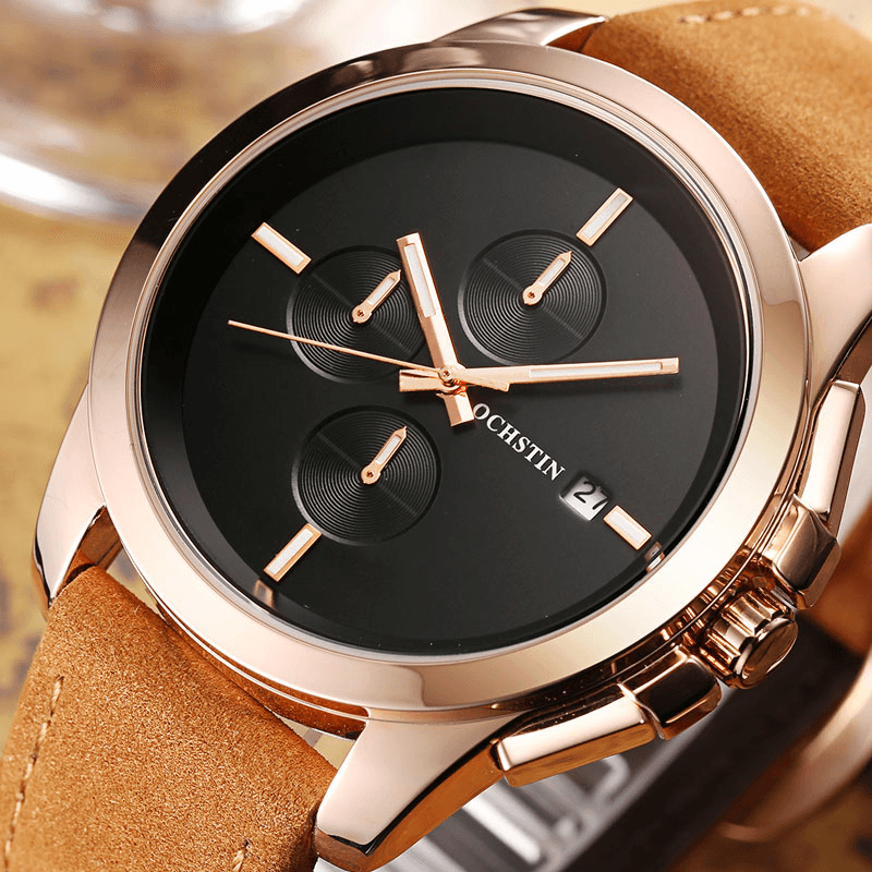 OCHSTIN GQ059A Genuine Leather Casual Style Men Wrist Watch Calendar Quartz Watch - MRSLM