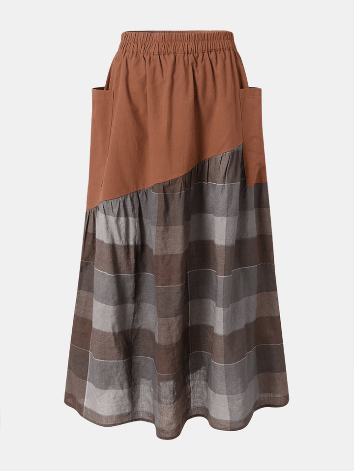 Plaid Print Patchwork Pocket Long Casual Skirt - MRSLM