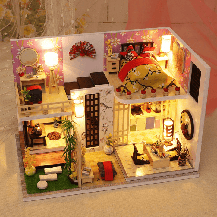 Wooden Japan Style Bamboo Maple House DIY Handmade Assembly Doll House Miniature Furniture Kit with LED Light Toy for Kids Birthday Gift Home Decoration - MRSLM