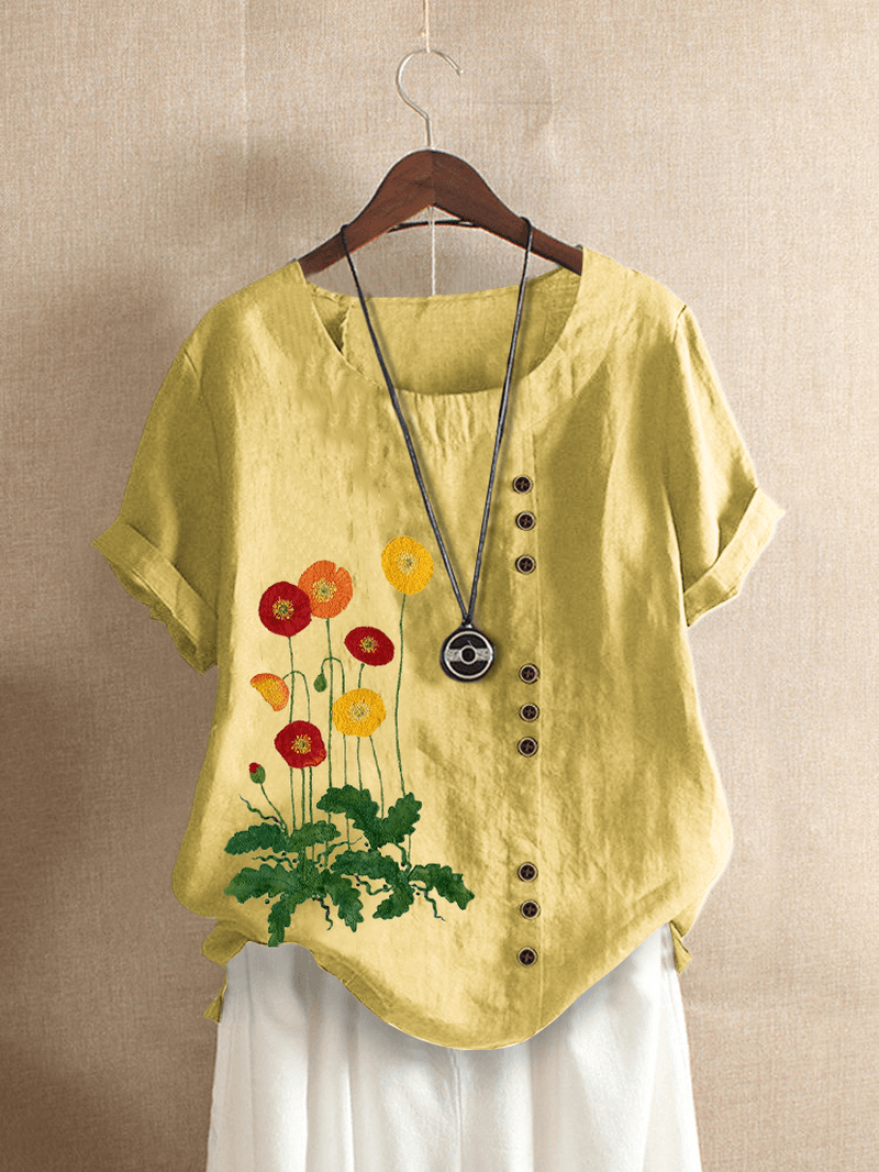 Flower Embroidery O-Neck Short Sleeve Button Casual T-Shirts for Women - MRSLM