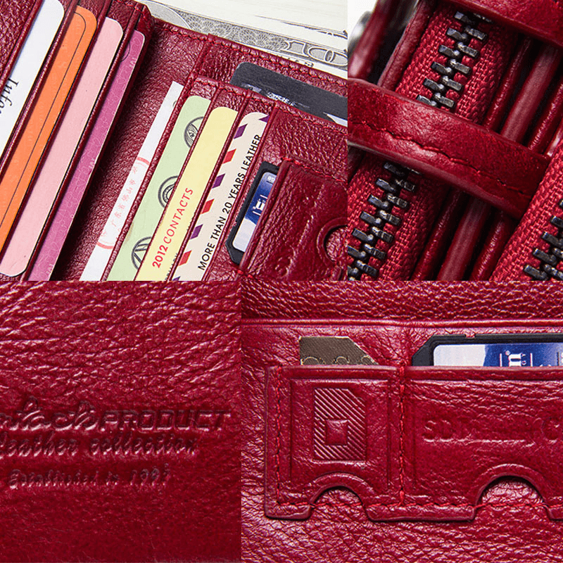 Genuine Leather Double Zipper Casual Fashion Solid Color Multi-Slot Card Holder Wallet - MRSLM