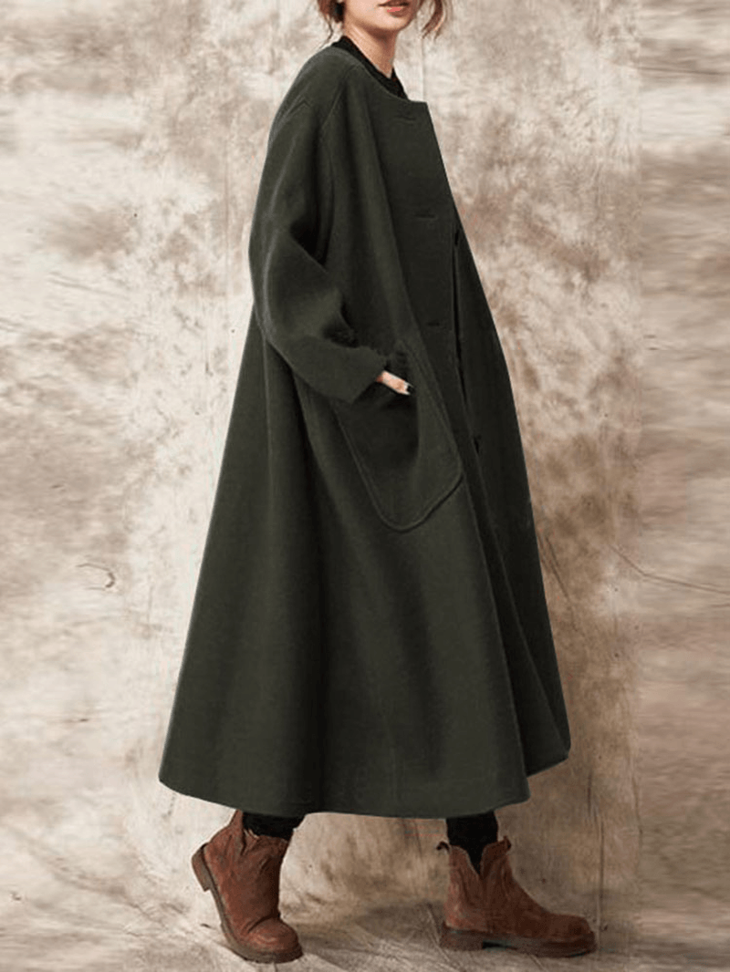 Casual Women Solid Color Button Long Coats with Pockets - MRSLM