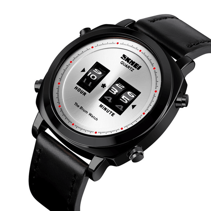 SKMEI 1519 Creative Rolling Time Display Leather Strap 30M Waterproof Men Watch Quartz Watch - MRSLM