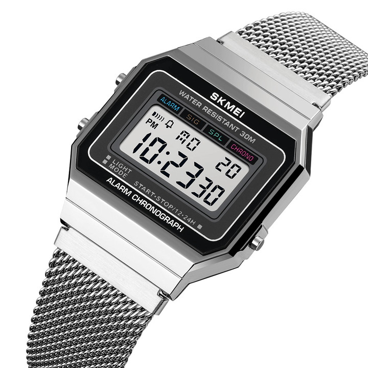 SKMEI 1660 Fashion Stopwatch Luminous Display Men Waterproof Watch Mesh Strap Digital Watch - MRSLM