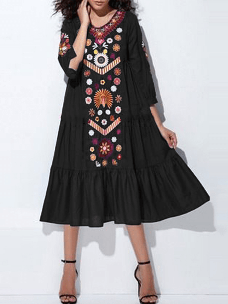 Ethnic Women V-Neck Long Sleeve Floral Print Holiday Bohemian Pleated Maxi Dress - MRSLM