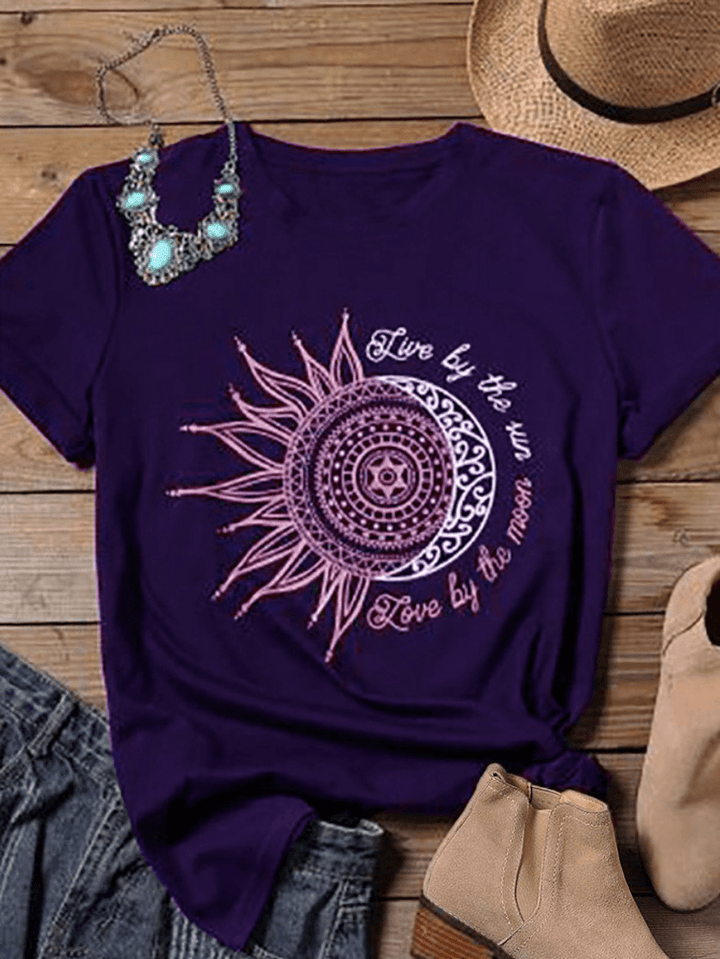 Sunflower Moon Print O-Neck Short Sleeve Casual T-Shirts for Women - MRSLM