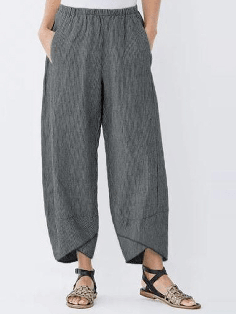 Casual Pocket Elastic Waist Stripe Women Pants - MRSLM