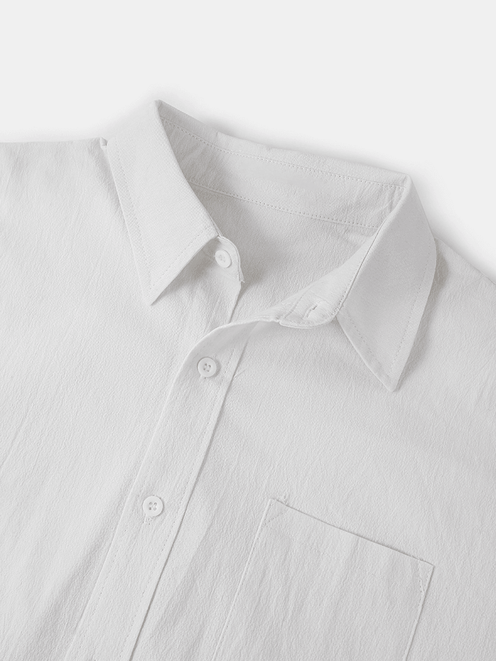 Mens Cotton Solid Turn down Collar Short Sleeve Shirts - MRSLM