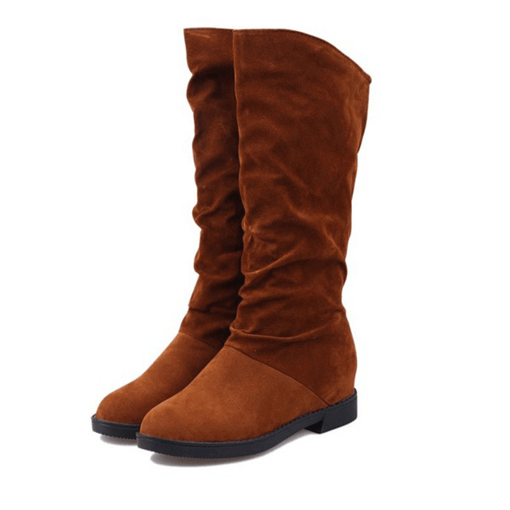 Women Warm Solid Color Suede Winter Snow Mid-Calf Boots - MRSLM