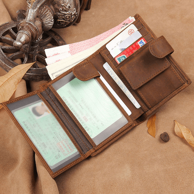 Men Cowhide Short RFID Anti-Magnetic Hasp Wallet 11 Card Slot Card Case Driver'S License Wallet - MRSLM