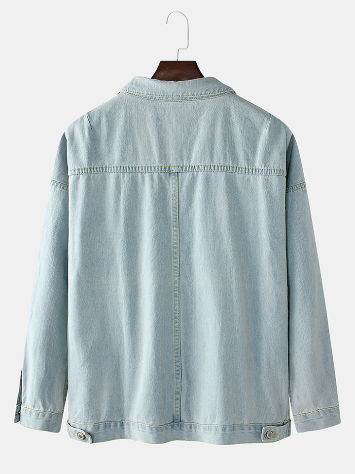 Mens Blue Lapel Pocket Long Sleeve Vintage Denim Jacket - MRSLM