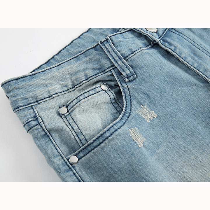 Mens Holes Fashion Casual Straight Legs Jeans Vintage Light Blue Denim Pants - MRSLM
