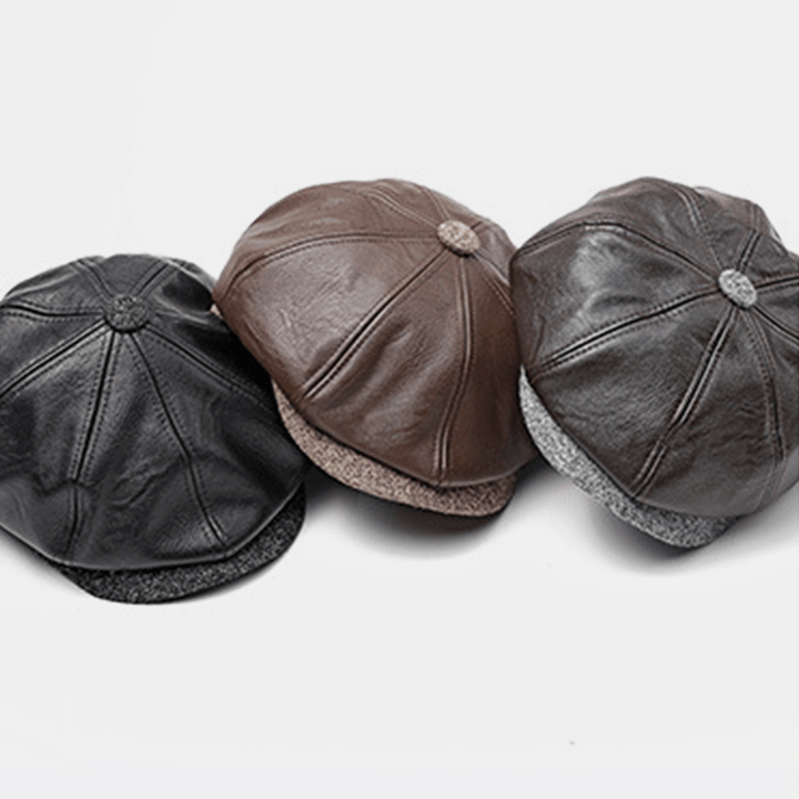 Men Faux Leather Retro Casual Solid Color Ear Protection Forward Hat Octagonal Hat Beret Cap - MRSLM