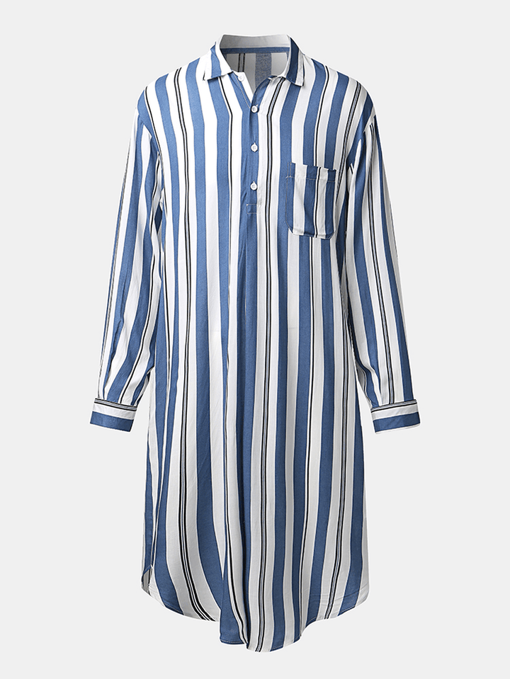 Mens Stripe Print Sleepwear Long Sleeve Chest Pocket Bathrobe Home Robe - MRSLM
