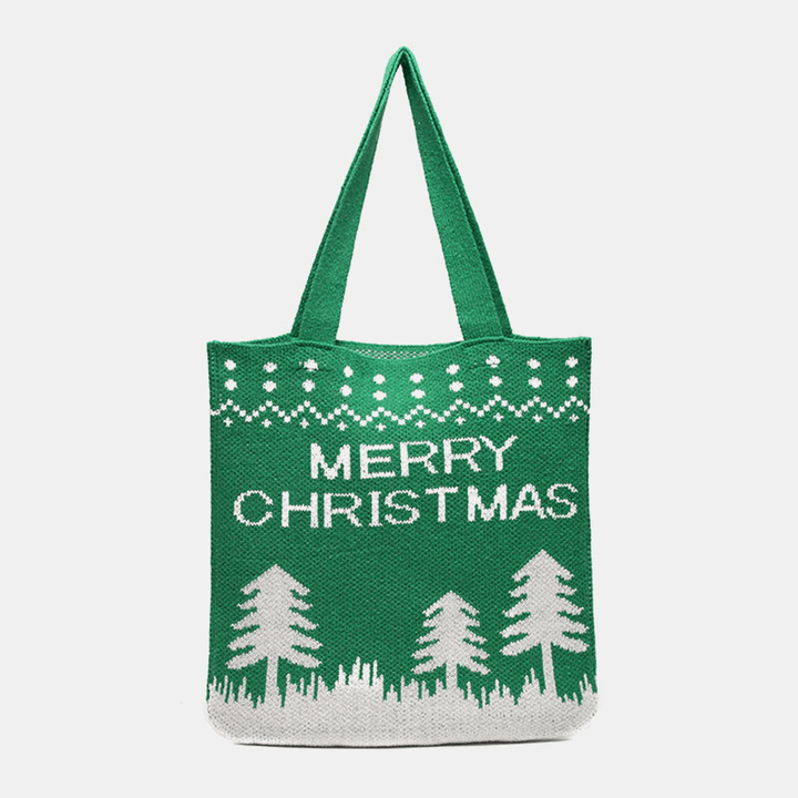 Women Wool Christmas Tree Snowflake Letter Pattern Casual Festive Handbag Tote Shoulder Bag - MRSLM
