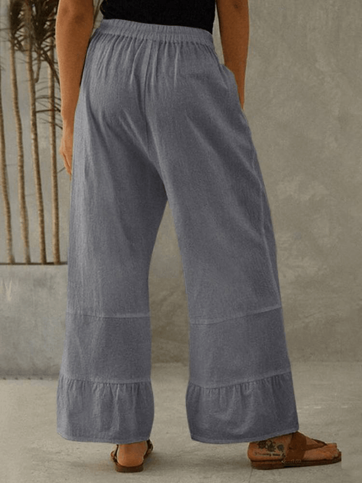 Women Cotton Plain Ruffle Cuff Elastic Waist Loose Casual Solid Wide Leg Pants - MRSLM