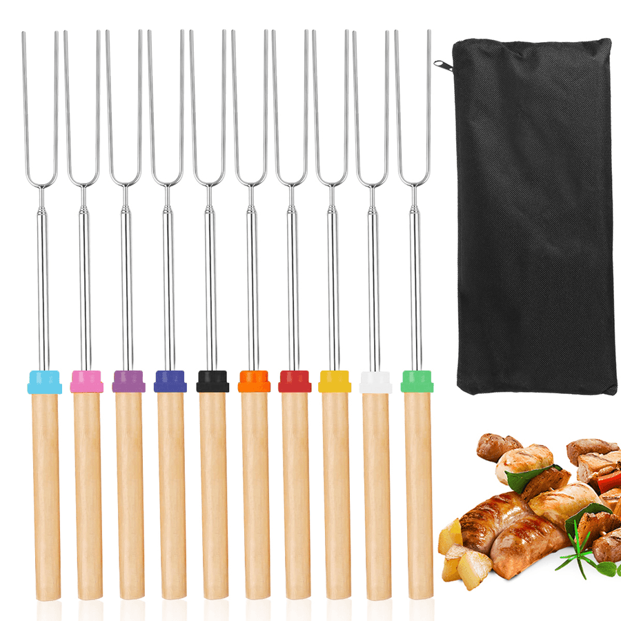 10 Pcs BBQ Fork Stainless Steel BBQ Skewer Wooden Handle BBQ Needle Reusable Barbecue Meat String Grill Fork BBQ Accessories - MRSLM