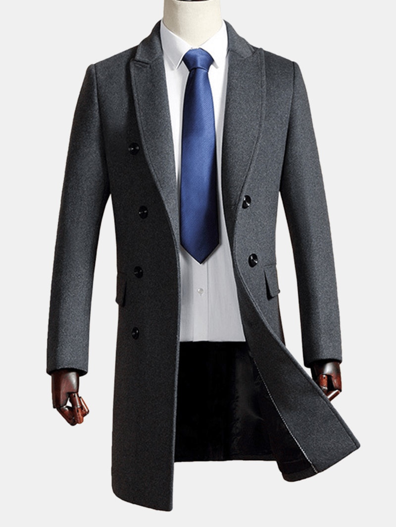 Mens Mid Long Slim Woolen Overcoat Thick Warm Double-Breasted Stylish Trench Coat - MRSLM