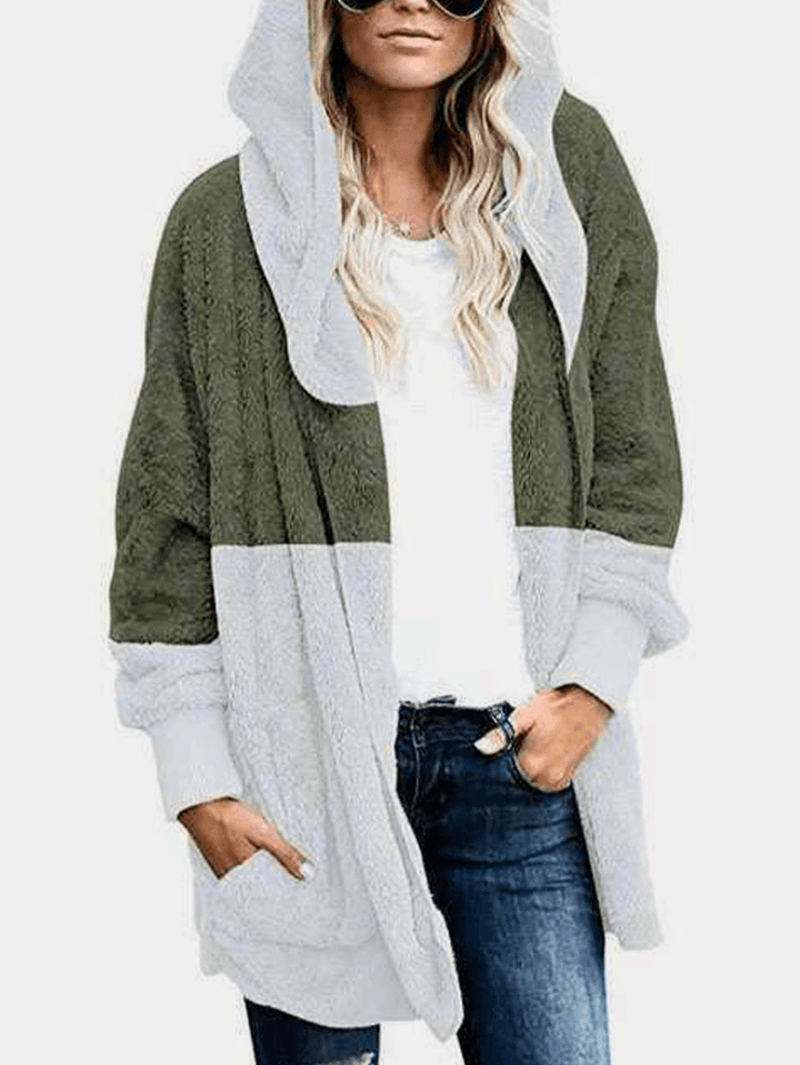Casual Color Block Patchwork Long Sleeve Hooded Zipper Plush Coats for Women - MRSLM