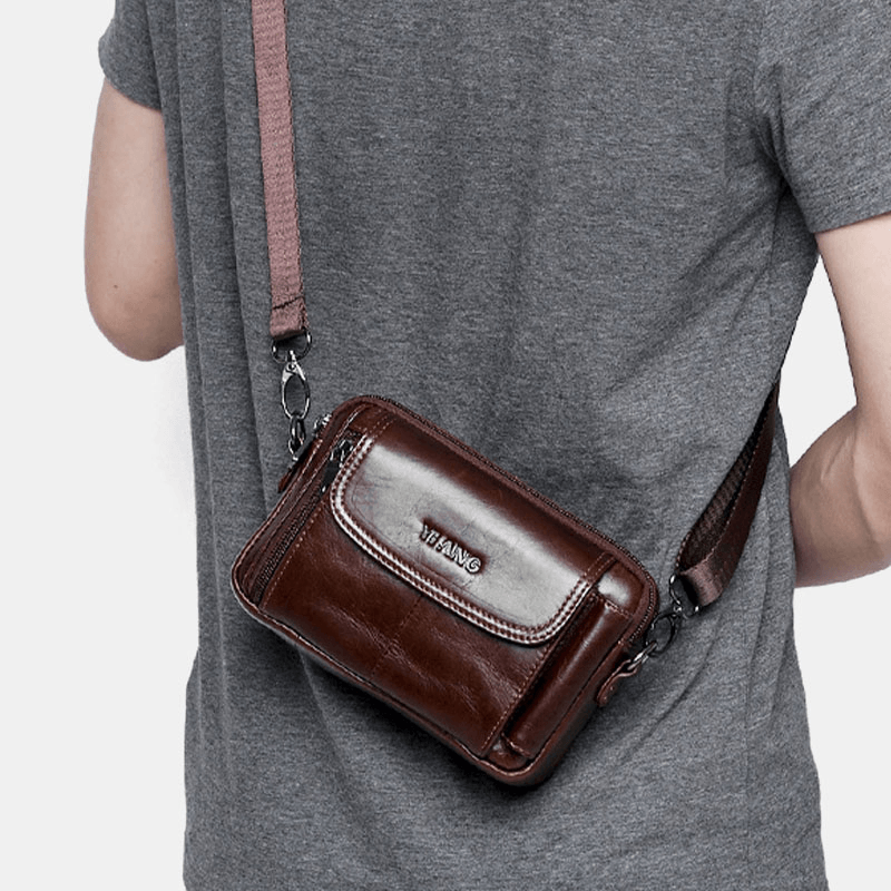 Men Genuine Leather Multi- Function Vintage Cross Body Bag Outdoor Waist Belt Bag - MRSLM