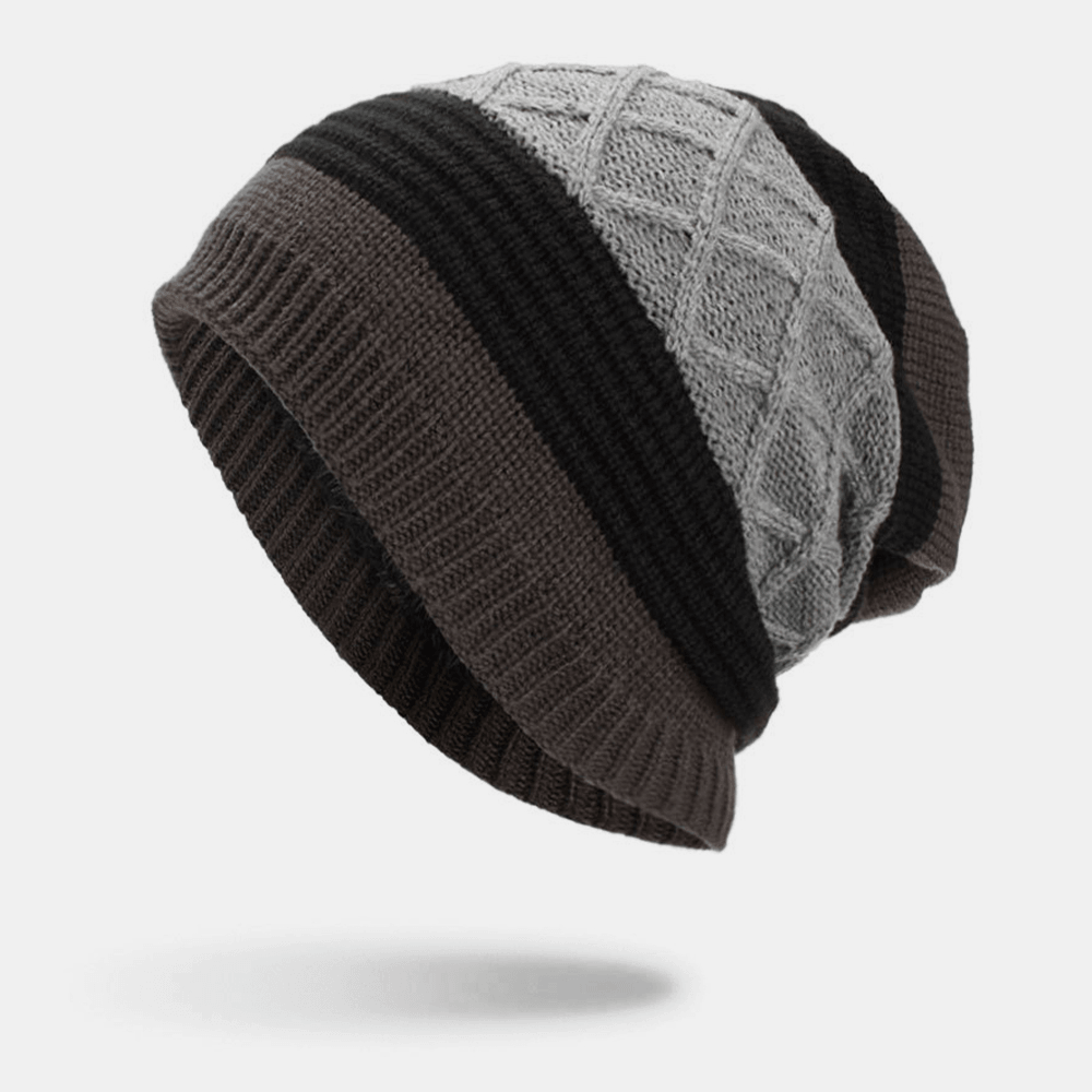 Men Winter plus Velvet Striped and Diamonds Pattern Outdoor Knitted Warm Beanie Hat - MRSLM