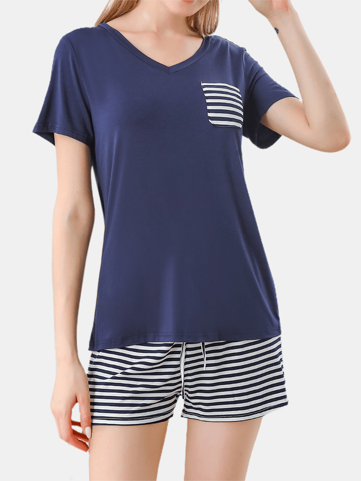 Plus Size Women Solid Color V-Neck Top Stripe Drawstring Shorts Home Pajama Set - MRSLM
