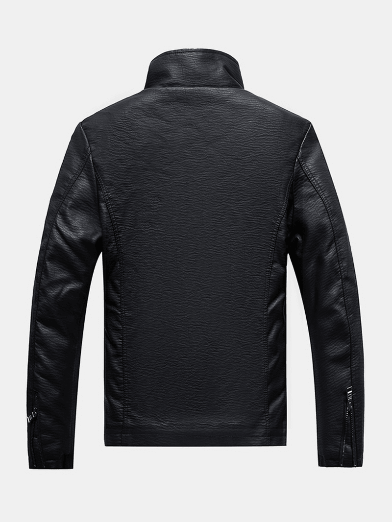 Mens Solid PU Leather Zip Front Stand Collar Thicken Biker Jackets - MRSLM