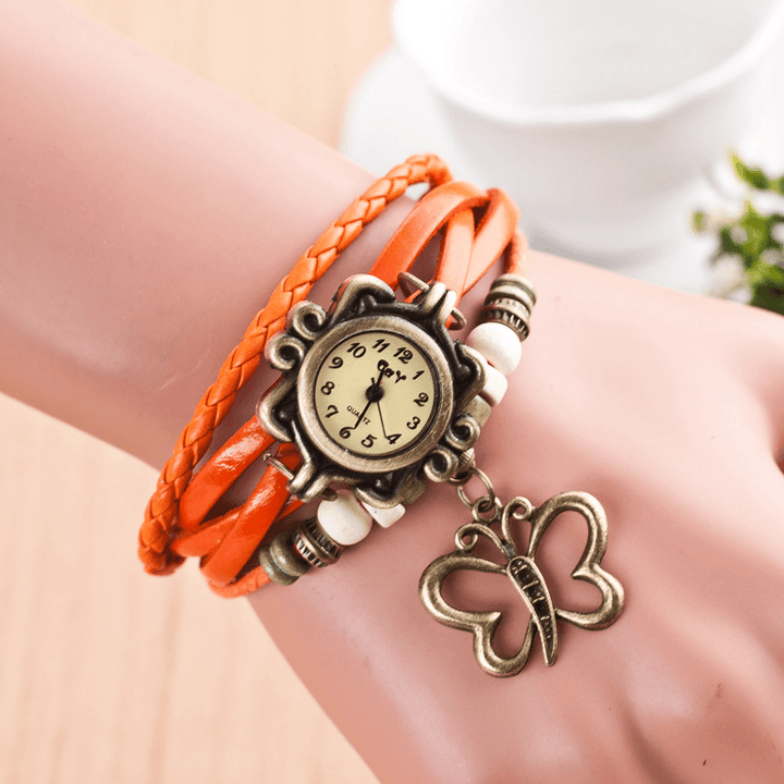 DOLAOR Multilayer Vintage Women Watch Hollow Butterfly Pendant Leather Retro Bracelet Watch - MRSLM