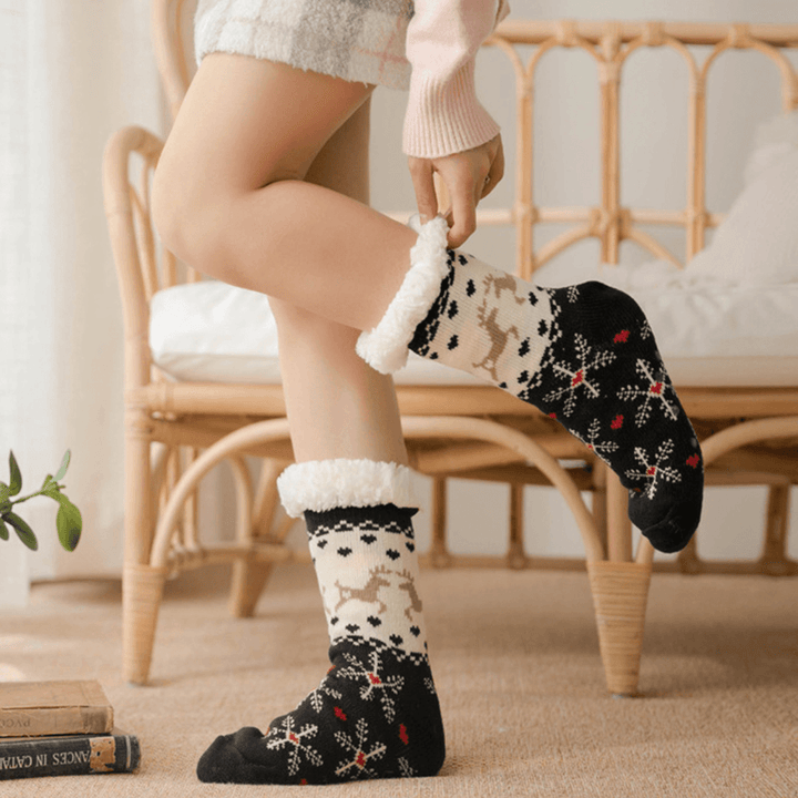 Women Warm Winter Outdoor Christmas Style Snowflake Pattern plus Velvet Thicken Home Sleep Socks Tube Socks - MRSLM