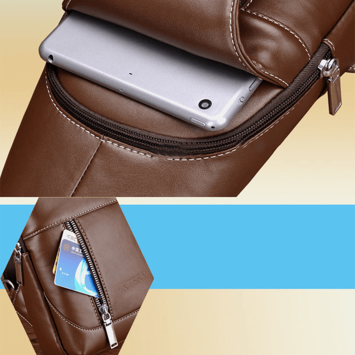 Men PU Leather Casual Multifunction Earphone Hole Crossbody Bag Chest Bag - MRSLM