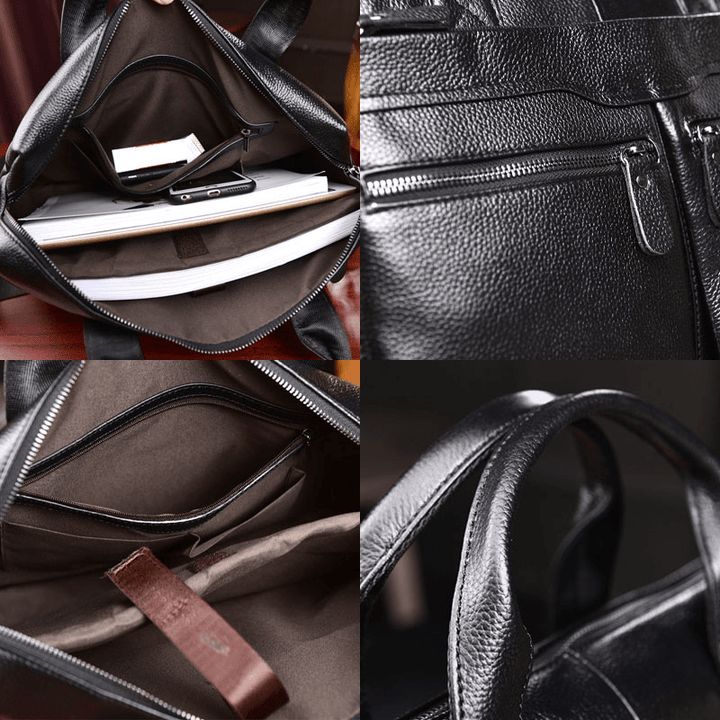 Men Genuine Leather Business Multi-Carry 14 Inch Laptop Bag Briefcase Crossbody Bag Shoulder Bag - MRSLM