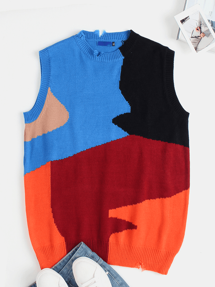 Mens Irregular Color Block Ripped Crew Neck Knitted Casual Sleevless Vests - MRSLM