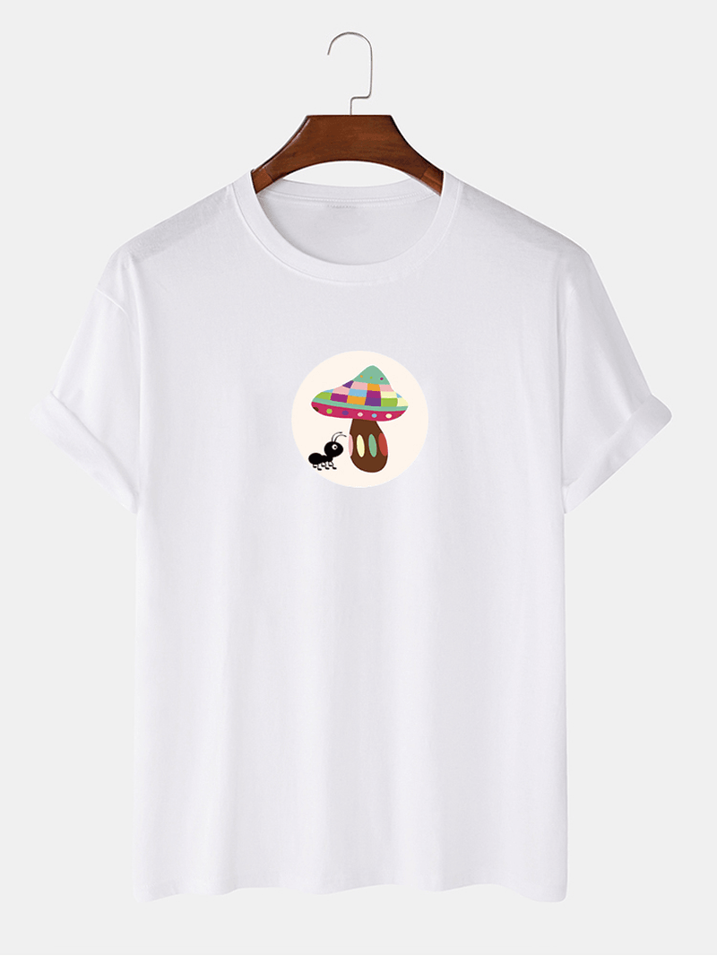 Mens Cartoon Ant Mushroom Graphic Print O-Neck 100% Cotton T-Shirt - MRSLM