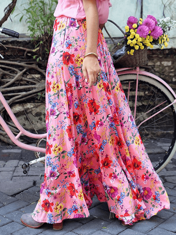 Colorful Floral Print Big Swing Elastic Waist Holiday Casual Long Skirt for Women - MRSLM